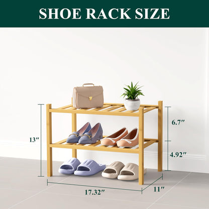 Smiry Bamboo Shoe Rack for Closet, 3 Tier Wooden Shoe Organizer, Stackable Wood Shoe Storage Shelf for Entryway, 14 Vertical Slats, One-piece Heavy-Duty Legs, 26.77"x11.02"x18.31", Natural