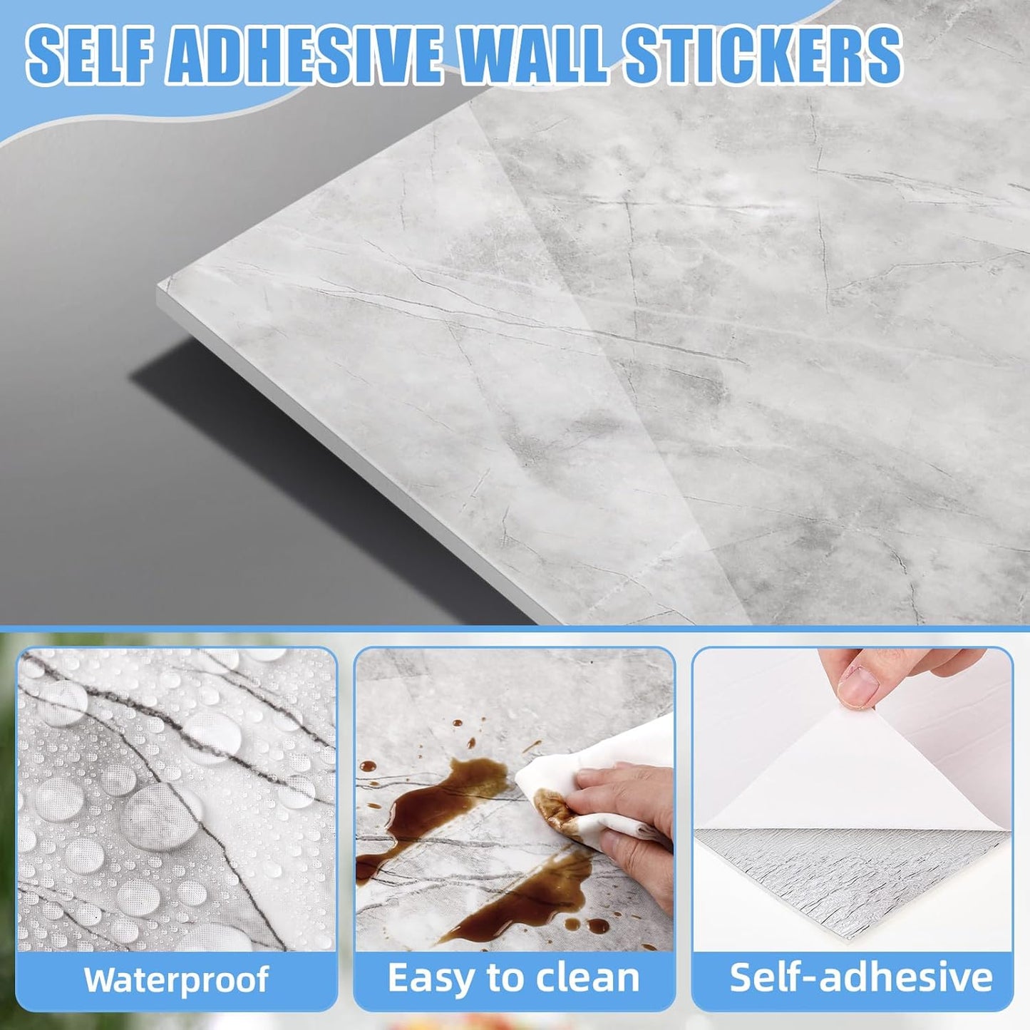 Nuanchu 36 Pcs Peel and Stick Shower Waterproof Tiles Wall Panels 12 x 12 Inch Self Adhesive Backsplash with Ruler Knife & 2 Scrapers for Washroom Bathroom Living Room, Not Real Tile (Grey Marble)