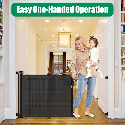 Reinforced 50" Wide Retractable Baby Gates for Doorways, Retractable Dog Gate for Stairs with Support Rods – Prevent Crawling Under, Outdoor Indoor Mesh Baby Gate Retractable Gates for Dogs, White