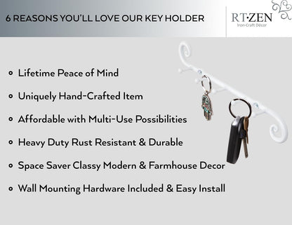 RTZEN Farmhouse Small Key Holder for Wall - Handcrafted Swirl Decorative 5 Key Hooks for Home Entryway - Wrought Iron Wall Mount Rack Purse Coat and Leash Holder or Organizer (Classic Black)