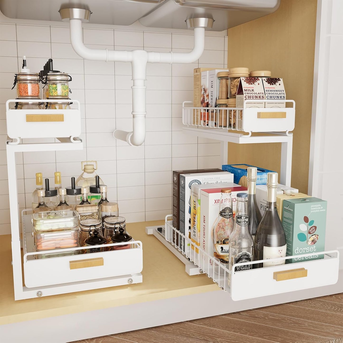 2 Pack Under Sink Organizer with Ball Bearing Sliding Drawer, Heavy Duty Pull Out Cabinet Organizer, 2 Tier Adjustable Storage Rack for Kitchen Bathroom, Space Saving Design, White