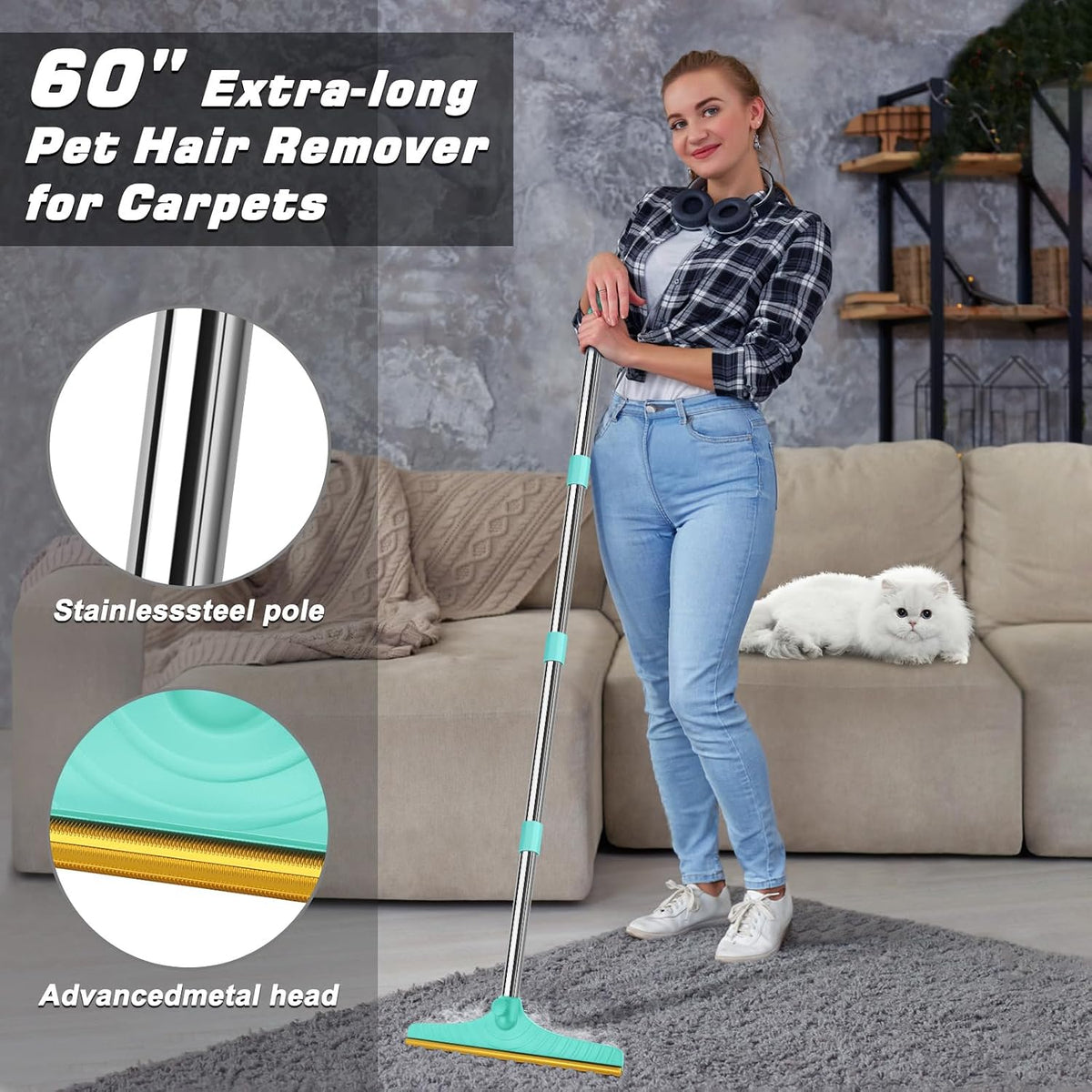 B-Land Carpet Rake for Pet Hair Removal, Reusable Pet Hair Remover with 60” Adjustable Long Handle, Carpet Scraper Broom Dog Cat Hair Remover Tool Fur Sweeper for Rugs, Mats