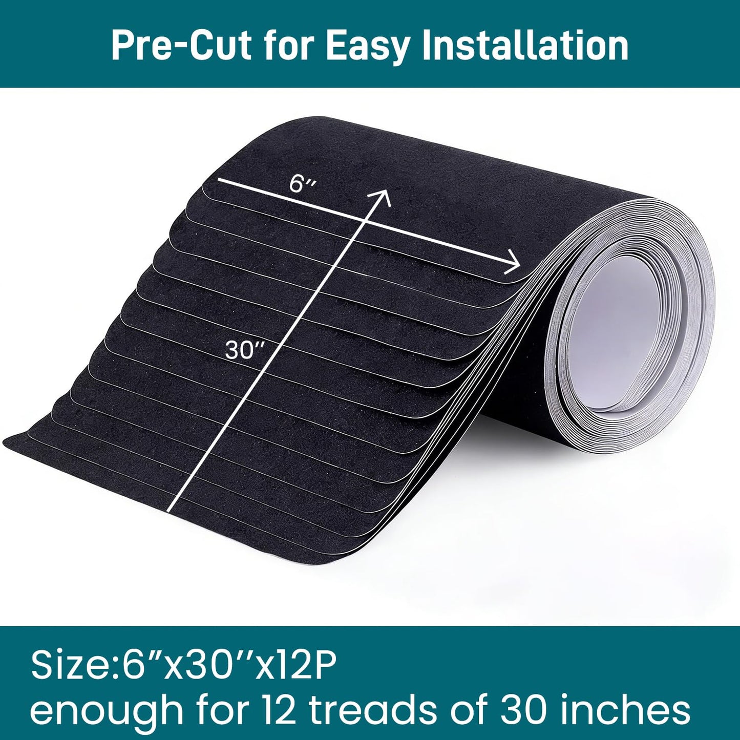 6" x 30" Anti Slip Traction Treads Tape (12-Pack), Pre-Cut Grip Tape for Stair Steps Outdoor, Waterproof Black Non Slip Stair Treads for Floor Safety, Easy to Install
