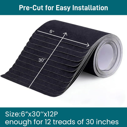 6" x 30" Anti Slip Traction Treads Tape (12-Pack), Pre-Cut Grip Tape for Stair Steps Outdoor, Waterproof Black Non Slip Stair Treads for Floor Safety, Easy to Install