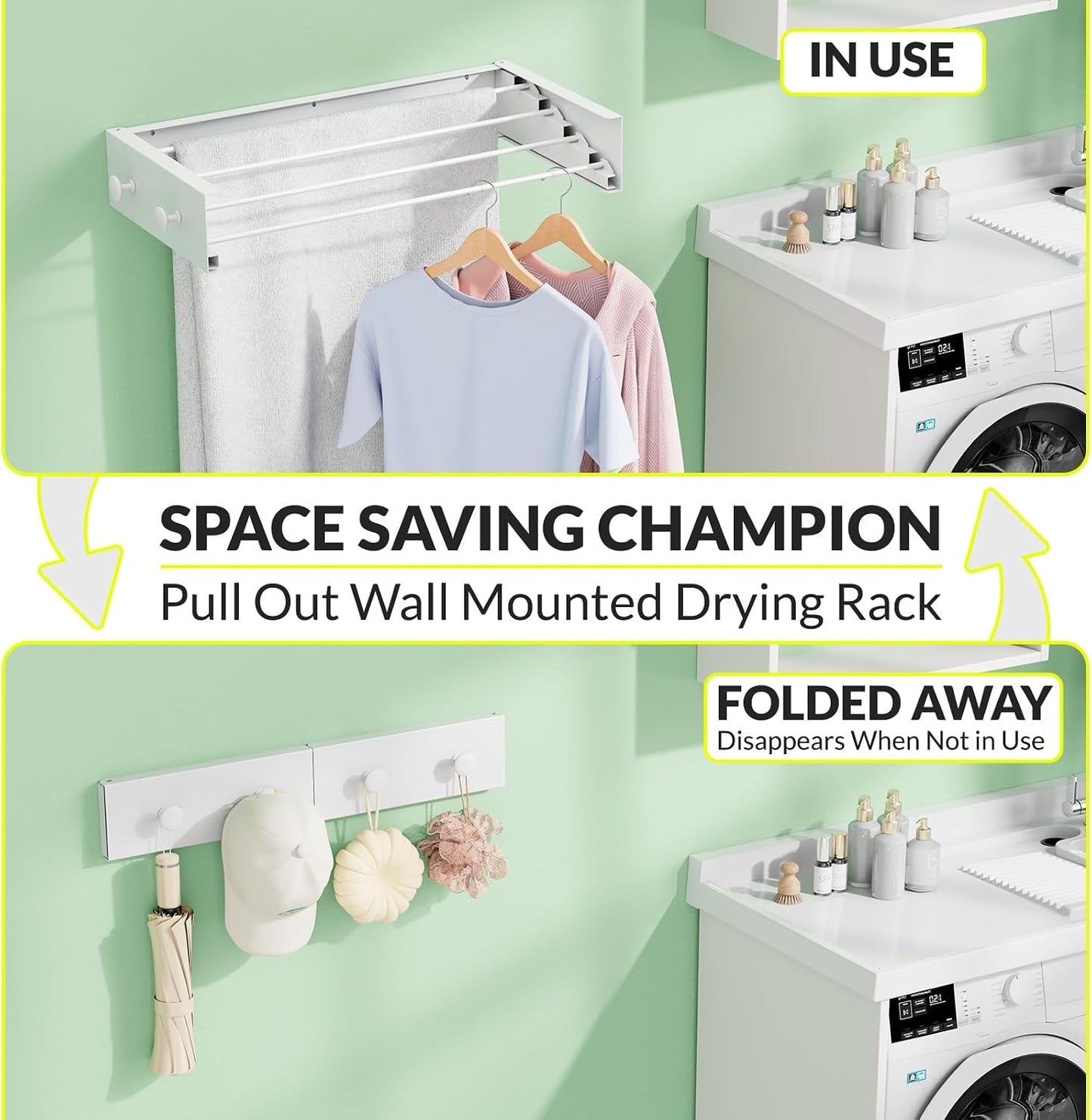 Wall Mounted Drying Rack, 23.6" Retractable Clothes Drying Rack, Heavy Duty 60LB Capacity with 4 Stainless Steel Rods, Foldable Laundry Rack for Indoor Laundry Room, Balcony & Bathroom