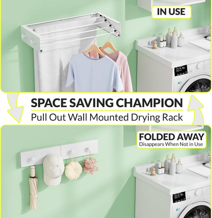 Wall Mounted Drying Rack, 23.6" Retractable Clothes Drying Rack, Heavy Duty 60LB Capacity with 4 Stainless Steel Rods, Foldable Laundry Rack for Indoor Laundry Room, Balcony & Bathroom