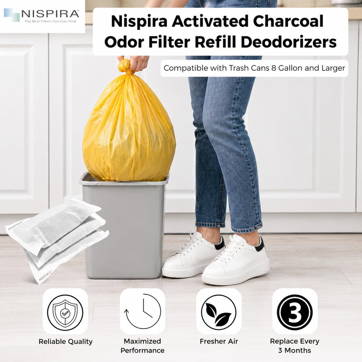 Nispira Activated Charcoal Odor Filter Refill Deodorizer Compatible with Trash Cans 8 Gallon and Larger, 9 Packs