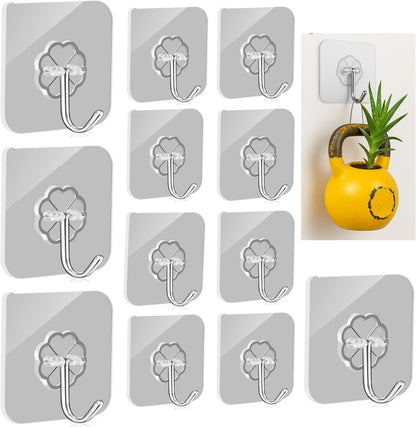 Heavy Duty Adhesive Wall Hooks Large 24 Pack, Transparent, Waterproof, Damage-Free, Sticky Hook for Hanging Upto 50lbs, No Tools Required, no Drill, for Kitchen, Shower, Tile etc.