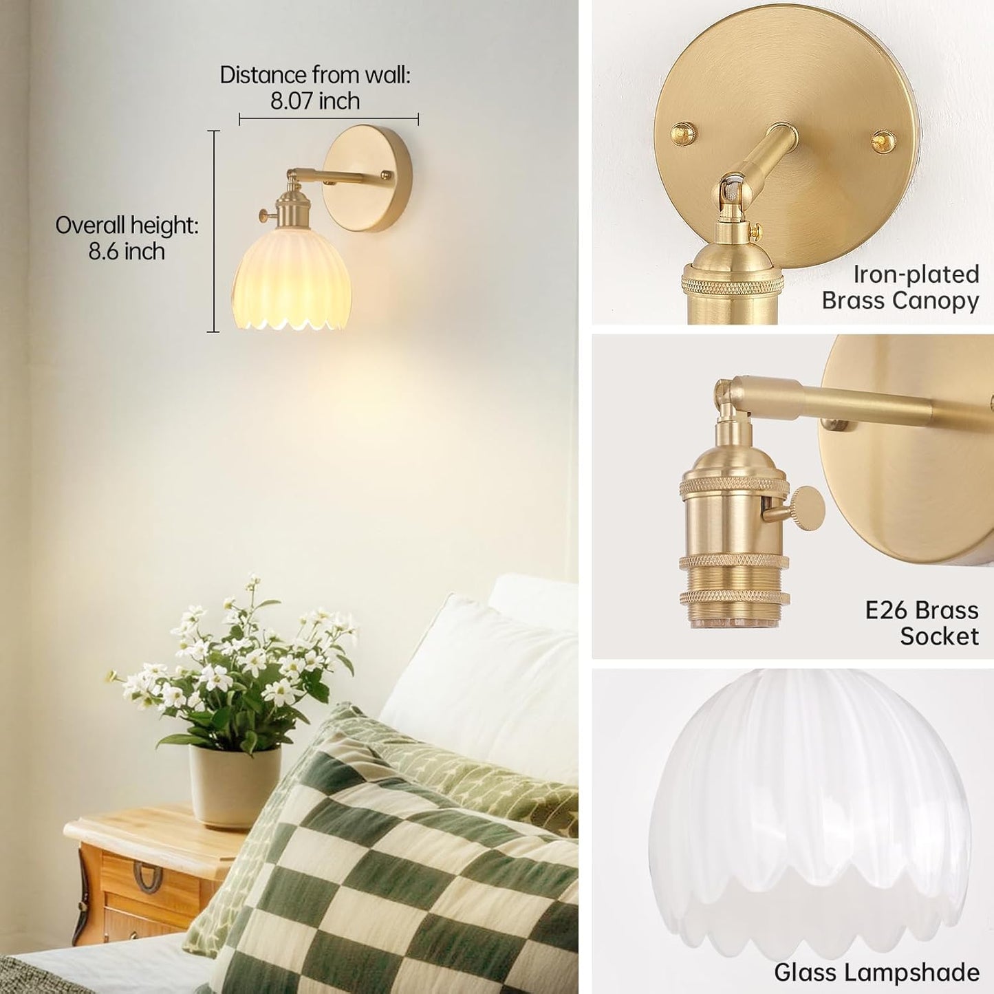 Shenmoyl Vintage Battery Operated Wall Sconce with Transparent Tulip Glass Lampshade Rechargeable Battery Powered Wall Light with Remote Control for Bedside Bedroom Doorway, Set of 2