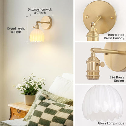 Shenmoyl Vintage Battery Operated Wall Sconce with Transparent Tulip Glass Lampshade Rechargeable Battery Powered Wall Light with Remote Control for Bedside Bedroom Doorway, Set of 2