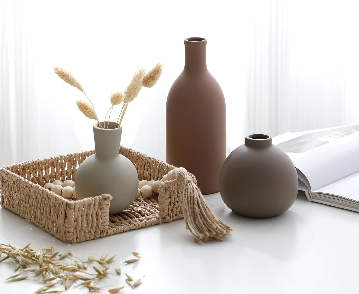 Ceramic Vase Set of 3, Decorative Vases Home Decor Modern Neutral Flower Pampass Boho Vase for Living Room, Table, Mantel, Entryway, Bookshelf, Kitchen, Bedroom, Bathroom - White