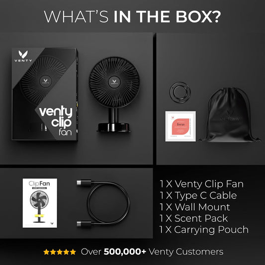 VENTY Portable Clip Fan - Rechargeable 10-Hour Battery Portable Fan - 360° Rotation & 90° Tilt - Stroller, Desk or Bedside - Aromatherapy & LED Light - USB-C cable & Carrying Pouch