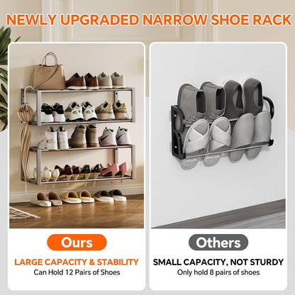 Homeiju Hanging Shoe Organizer,2 Pack Wall Mounted Shoe Rack Holds 12 Pairs,Space Saving Metal Wall Shoe Rack,Hanging Shoe Rack Shoe Holder for Small Space,Entryway,Closet,RV,Camper（Black