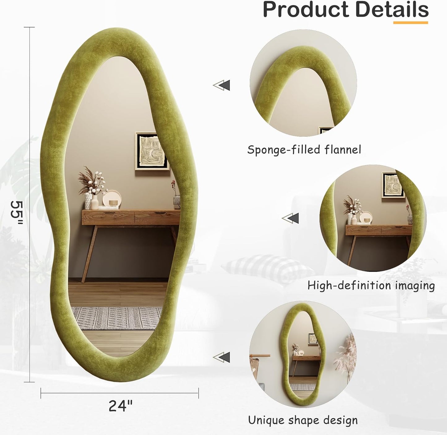 Honyee Full Length Mirror, 63" x 24" Wall Mirror, Flannel Wrapped Wooden Frame Floor Mirror, Irregular Wavy Mirror Hanging or Leaning Against Wall for Cloakroom/Bedroom/Living Room, Milk Tea