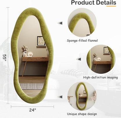 Honyee Full Length Mirror, 63" x 24" Wall Mirror, Flannel Wrapped Wooden Frame Floor Mirror, Irregular Wavy Mirror Hanging or Leaning Against Wall for Cloakroom/Bedroom/Living Room, Milk Tea
