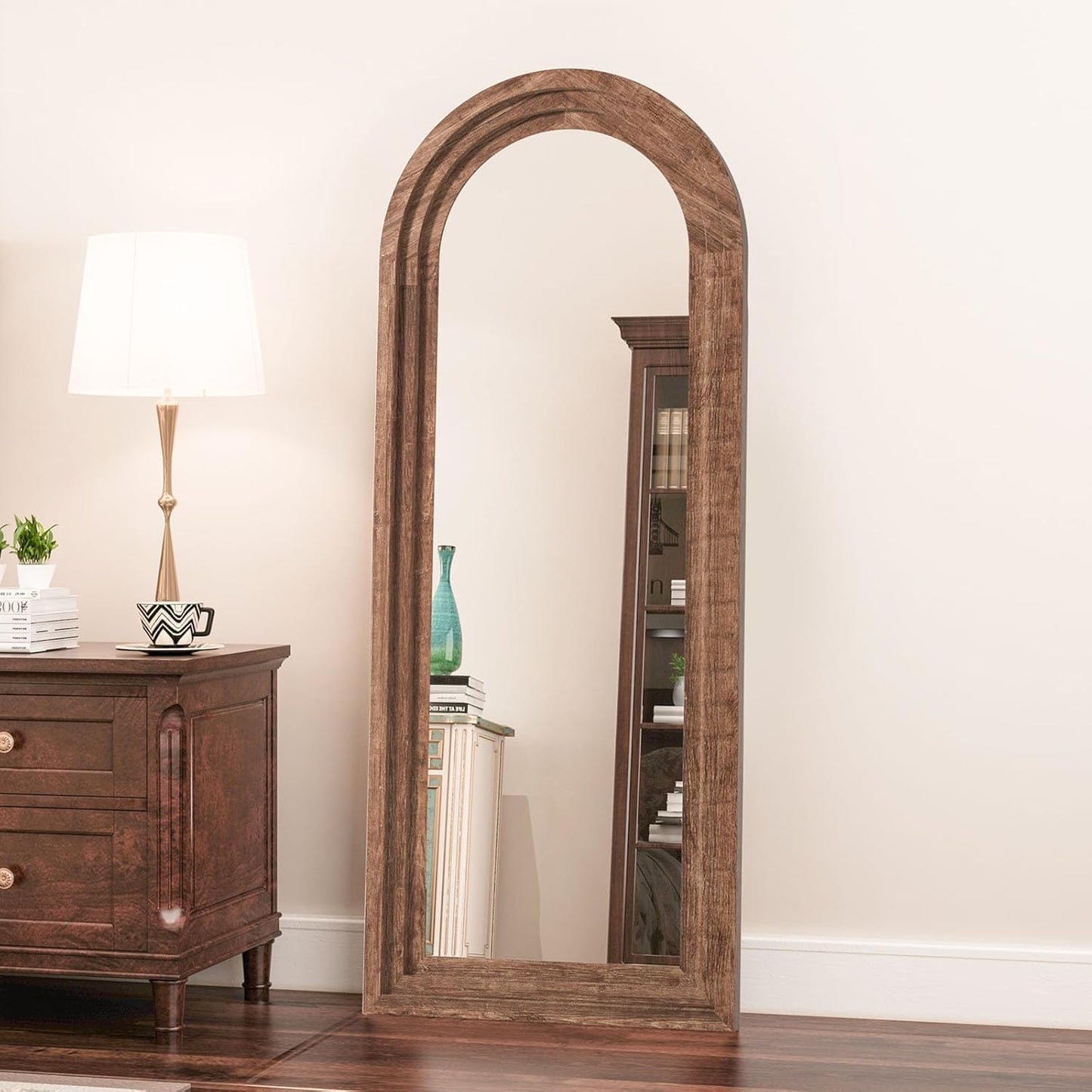 71x32 Inch Arched Full Length Mirror with Solid Wood Frame Wall Mounted Floor Mirror, Vertical Hanging Leaning Standing Mirror for Living Room, Bedroom, Entryway, Brown