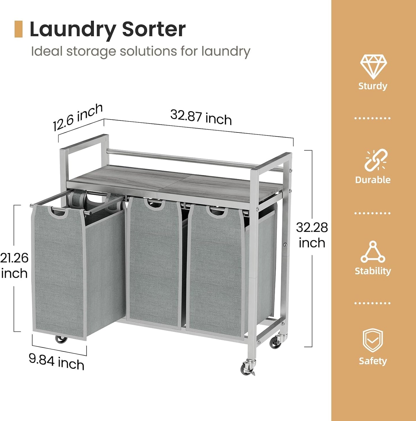 SwaaVee Laundry Sorter, Laundry Hamper 3 Section, 3×11.4Gal, Metal Frame Rolling Laundry Basket with Wooden Top Shelf, Pull out and Removable Laundry Bags, 3 Bags-Gray