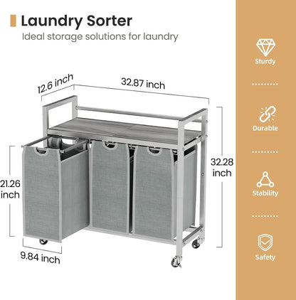 SwaaVee Laundry Sorter, Laundry Hamper 3 Section, 3×11.4Gal, Metal Frame Rolling Laundry Basket with Wooden Top Shelf, Pull out and Removable Laundry Bags, 3 Bags-Gray