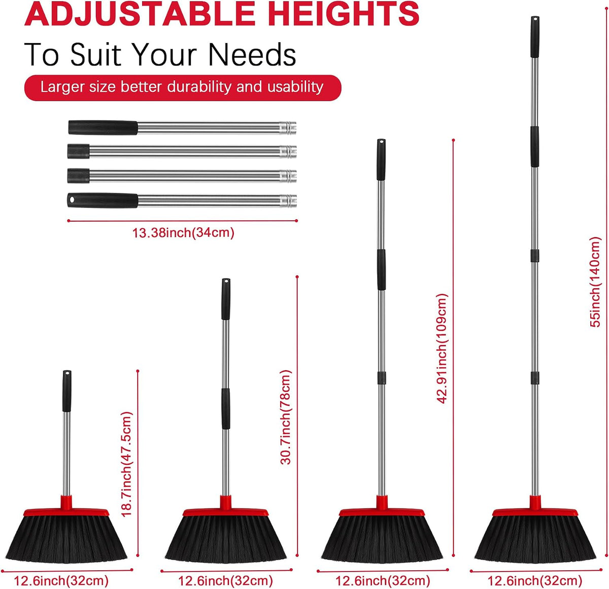 Heavy Duty Angle Broom, 55-Inch Long Handle Extra Wide 12.6 Inch Head, Stainless Steel Tube & PP Bristles for Pet Hair and Dust, Floor Safe - Black