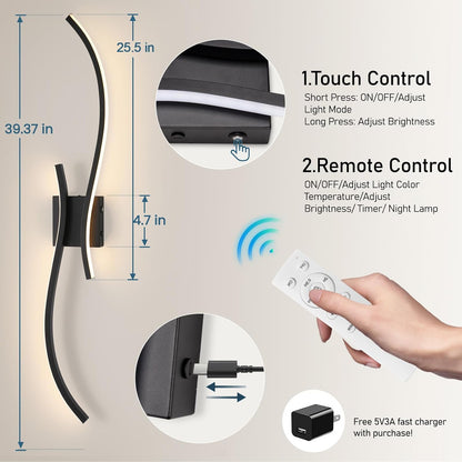 CANEOE Battery Operated Wall Sconce Set of 2, 18000mAh Gold Rechargeable Wall Lights with Remote Control,3000K-6000K Dimmable LED Wireless Wall Light for Living Room Bedroom Hallway,39.3 Inch (Gold)