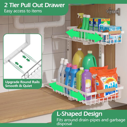 ADRIMER Under Sink Organizer 2 Packs, Pull Out Kitchen Sink Organizer, 2 Tier Slide Out Kitchen Organizers and Storage Bathroom Under Cabinet Storage Shelf, Transparent & White