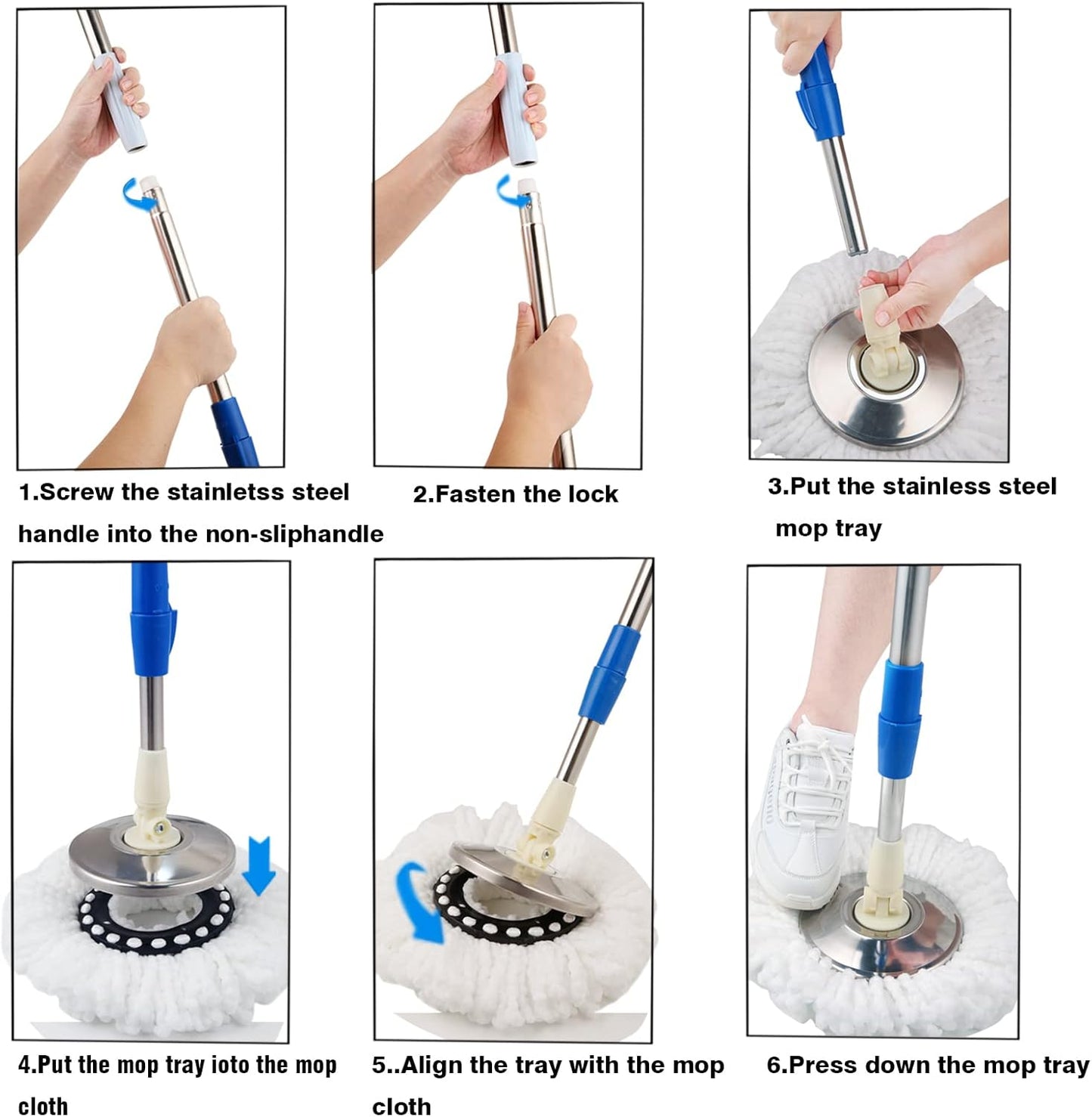 Mop and Bucket Set, 360° Spin Mop and Bucket with Wringer Set and 3 Microfiber Mop Refills, Stainless Steel 61" Extended Handle Spinning Mop Bucket System for Floor Cleaning