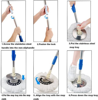 Mop and Bucket Set, 360° Spin Mop and Bucket with Wringer Set and 3 Microfiber Mop Refills, Stainless Steel 61" Extended Handle Spinning Mop Bucket System for Floor Cleaning