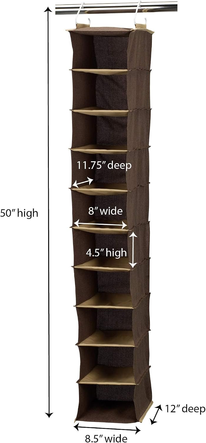 Household Essentials 311322 Hanging Shoe Storage Organizer for Closets |10 Pocket Shelves | Natural Canvas
