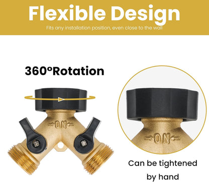 LINEX Garden Hose Splitter 2 Way 2 Pack Heavy Duty Brass, Outdoor Dual Y Valve Water Connector with Faucet and Spigot, Hose Split for Lawn, Garden, Car Wash