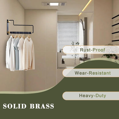 NEWRAIN Folding Wall Mounted Clothes Hanger Rack Clothes Hook Solid Brass with Swing Arm Holder Clothing Hanging System Closet Storage Organizer Heavy Duty Drying Rack Wall Mount,Brushed Gold