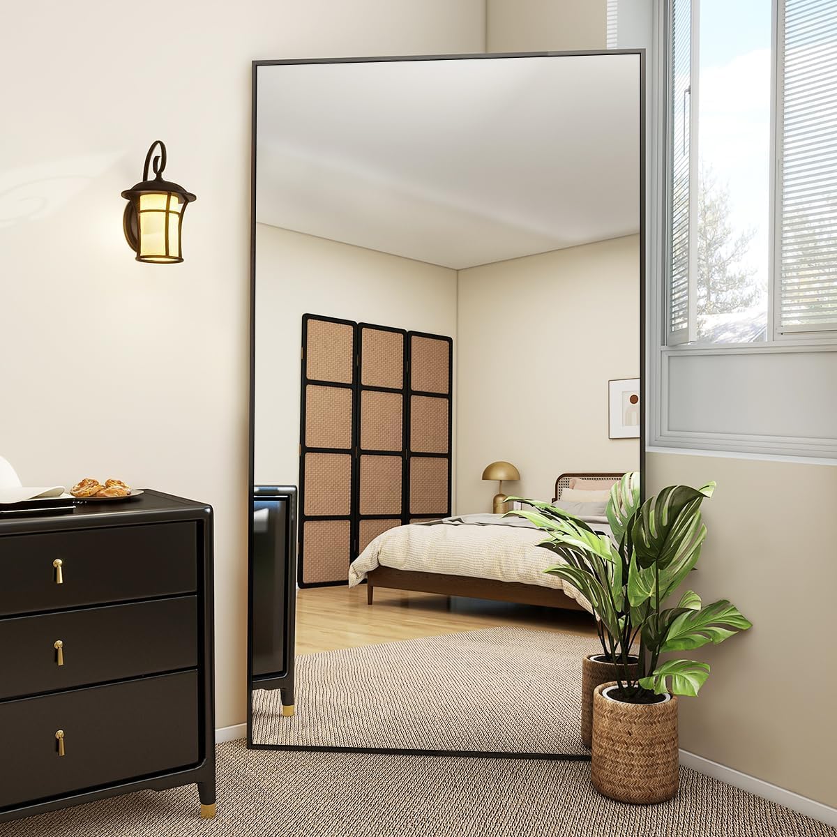 VooBang Mirror Full Length - 21" x 57" Floor Mirror with Stand, Aluminum Alloy Frame Full Body Mirror, Standing Hanging or Leaning Against Wall for Bedroom and Living Room, Black