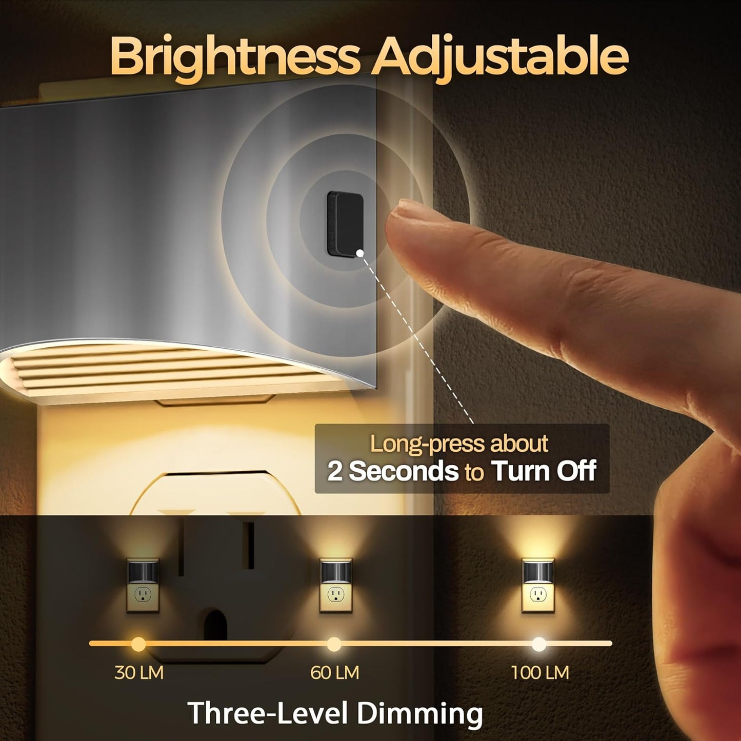 DORESshop LED Night Light[2 Pack], Night Lights Plug into Wall, 3 Level Brightness Adjustable Plug in Night Light, Dusk to Dawn Sensor, Nightlights for Adults, Bedroom, Bathroom, Hallway, 3000K