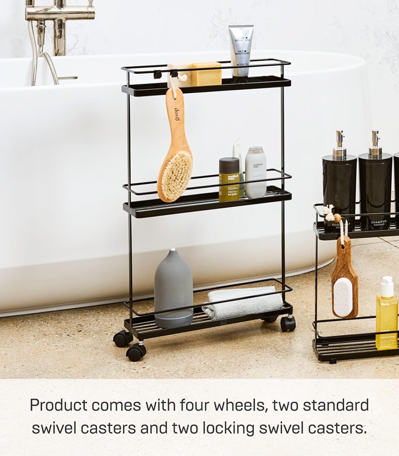 YAMAZAKI Home Tower Rolling Kitchen Island Three Tier Metal Storage Cart - Portable Organizer Shelves Utility Cart, 26" - Steel -