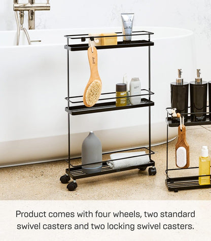 YAMAZAKI Home Tower Rolling Kitchen Island Three Tier Metal Storage Cart - Portable Organizer Shelves Utility Cart, 26" - Steel -