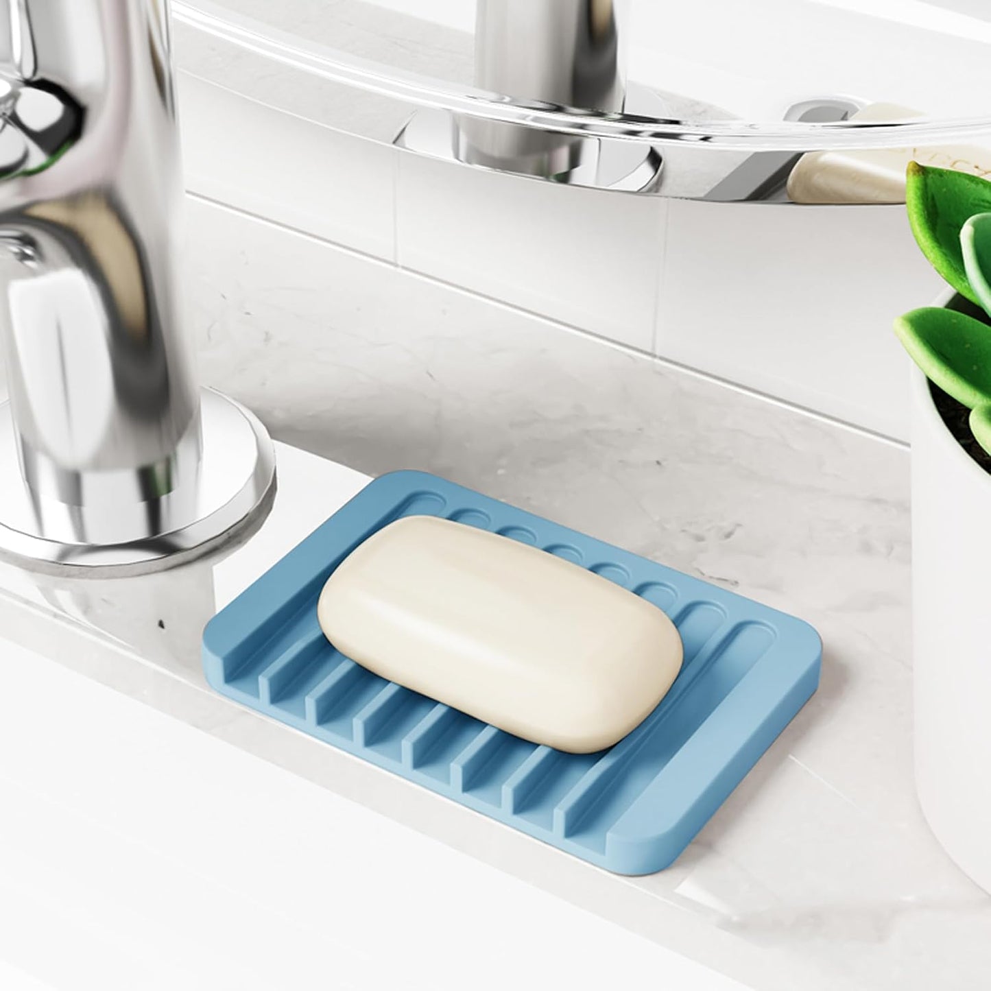 4-Pack Self Draining Soap Dish for Shower Bathroom Waterfall Silicone Soap Saver Tray Sponge Holder for Kitchen Sink Non-Slip Easy Clean (Black and White)