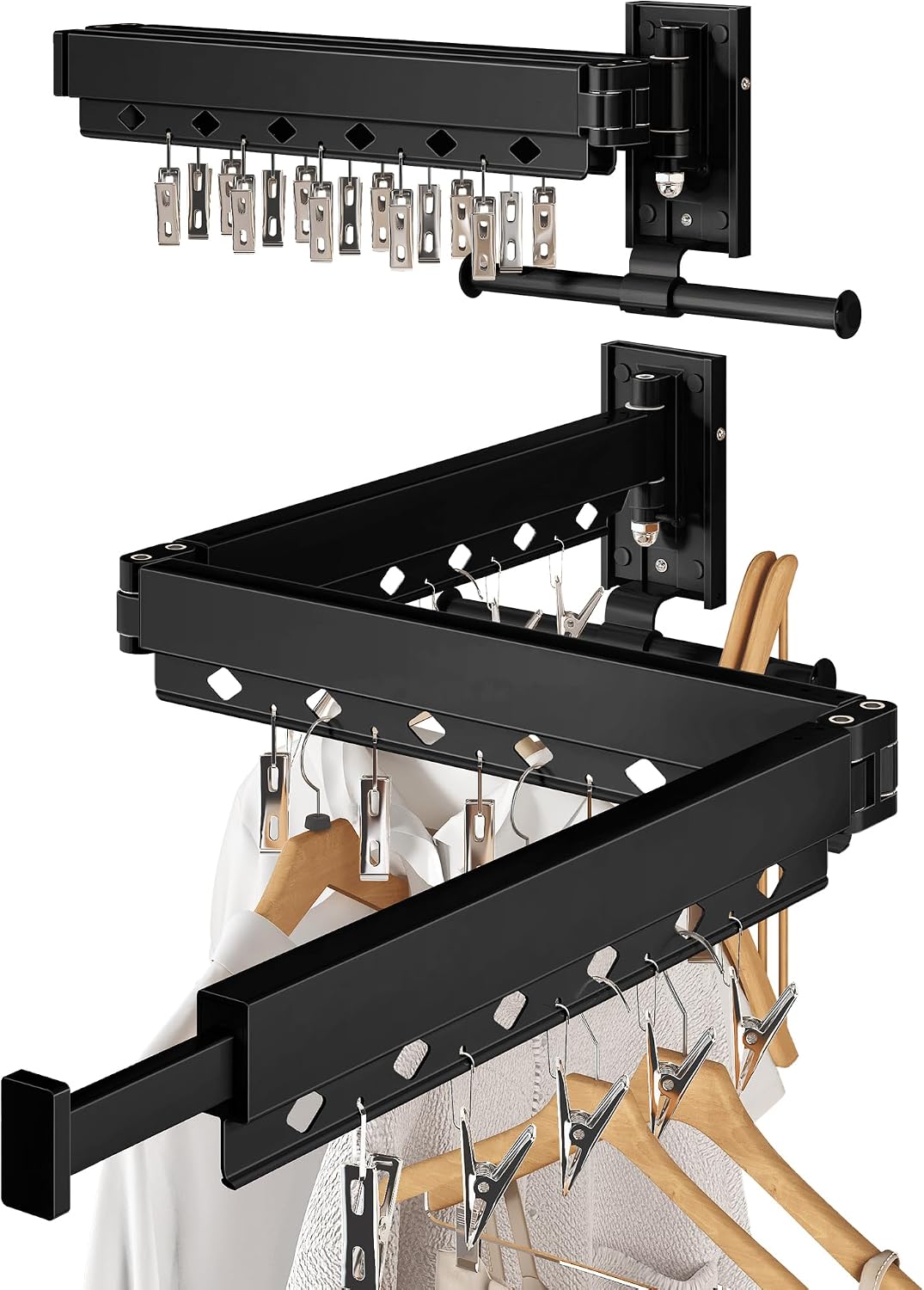 Wall Mounted Tri-Fold Clothes Drying Rack, Heavy Duty Collapsible Laundry Drying Rack, Space-Saving Retractable Foldable Drying Rack Clothes for Laundry Room Balcony Bathroom,Black-Hooks