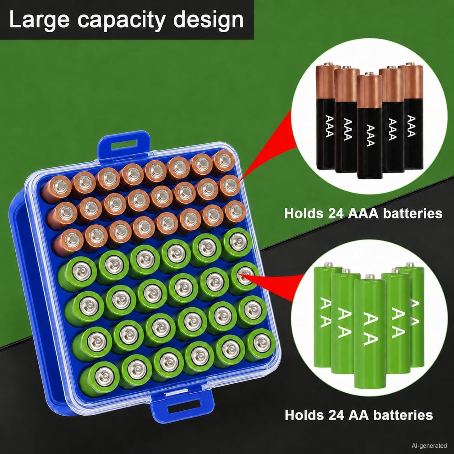 ALCYON Battery Organizer Storage Case, Battery Vault Box Container for 48pcs AA Batteries, Plastic Clear Protective Battery Holder for Travelling/Home/Office (Black, Large)