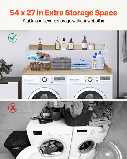 VEVOR Washer Dryer Countertop with 2-Tier Shelf, 54" x 27" Wooden Washer and Dryer Countertop with Anti-Slip Pads, Water-Resistant Laundry Topper Cover for Laundry Room Organization and Storage, Black