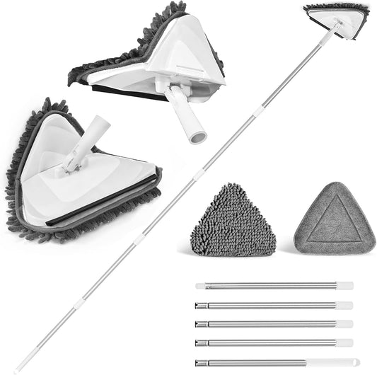 JEHONN Wall Mop with Long Handle 80 inches, Upgraded 180° Collapsible Baseboard Cleaner Tool with Squeegee, Ceiling Duster with 1 Microfiber and 1 Chenille Pad for Cleaning Window, Cabinet (White)