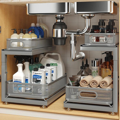 2-Pack Under Sink Storage Organizer with 2-Tier Slide Out Drawer, Sophisticated Mesh Pull Out Shelf for Kitchen & Bathroom, Fits Small Items, Upgraded Arched Track for Smooth Gliding(Patented)