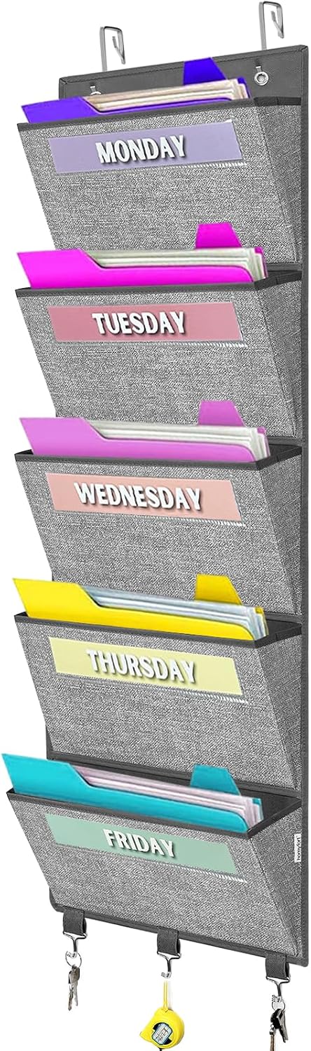 homyfort Over the Door File Organizer, Wall Hanging File Folders with 5 Large Pocket for Mails, Magazines, Back to School Supplies,Office Chart Storage, Paper Organization (Grey)
