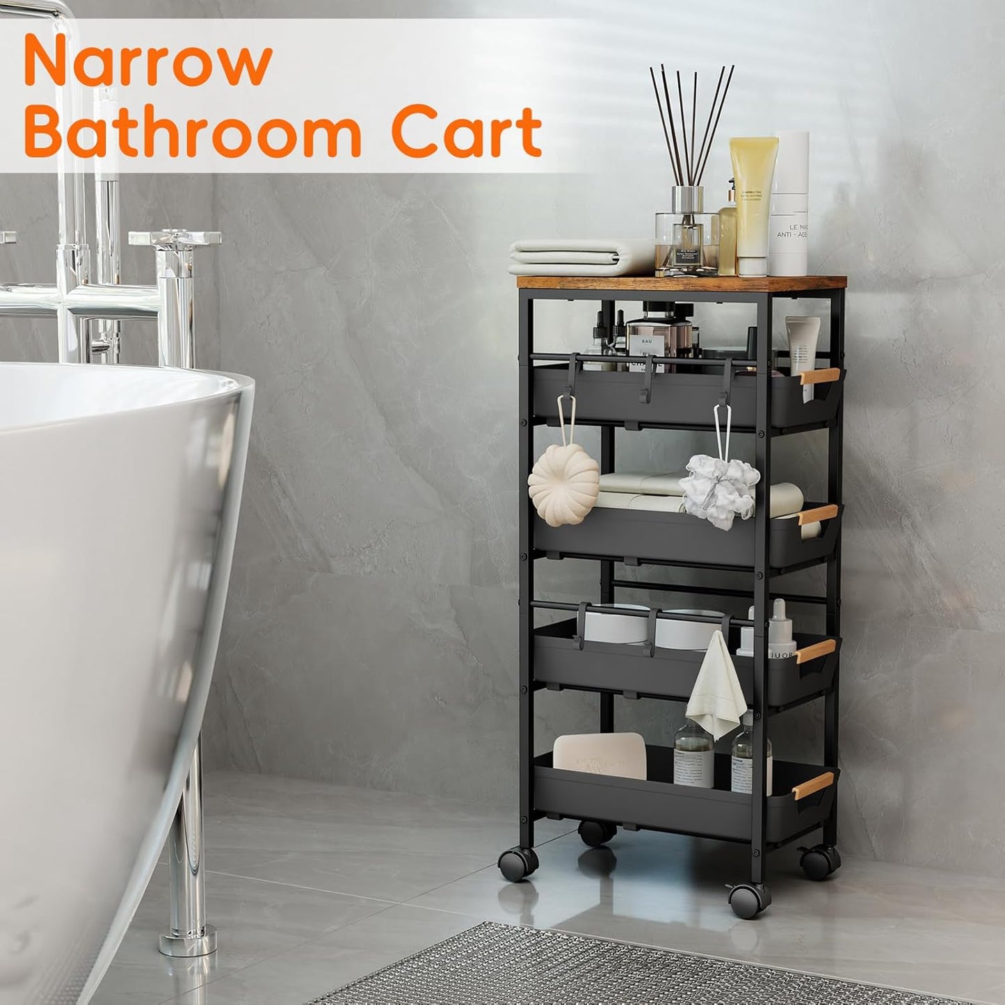 5-Tier Slim Storage Cart, Wooden Top Rolling Kitchen Cart with Pull-Out Baskets & Wheels, Narrow Space Utility Cart Slide Out Organizer for Kitchen, Bathroom, Laundry Room, White