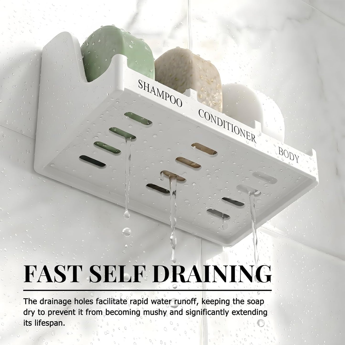 Soap Holder for Shower Wall, 3-Compartment Soap Dish for Shampoo, Conditioner and Body Soap, Fast Draining & Rust-Proof & Heavy Duty, Ultra-Strong Adhesive for Long-Term Bathroom Use & Freestanding