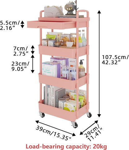 Calmootey 3-Tier Rolling Utility Cart with Drawer,Multifunctional Storage Organizer with Plastic Shelf & Metal Wheels,Storage Cart for Kitchen,Bathroom,Living Room,Office,White