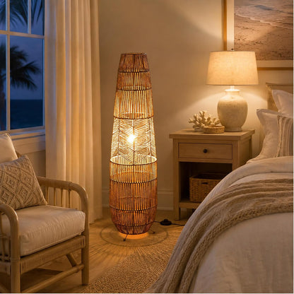 MIXL-Farmhouse Style Bamboo Floor Lamp,Large Wicker Indoor Floor Light,Boho Standing Light Plug in,Modern Minimalist Standing Lamp for Living Room Bedroom