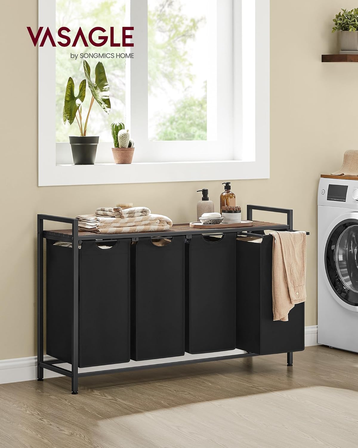 VASAGLE Laundry Hamper, Laundry Basket Sorter with 3 Pull-Out and Removable Bags, Shelf, Metal Frame, 3 x 10.6 Gallons (40 L), 36.4 x 13 x 28.4 Inches, Cappuccino Beige and Natural Beige UBLH301LH01