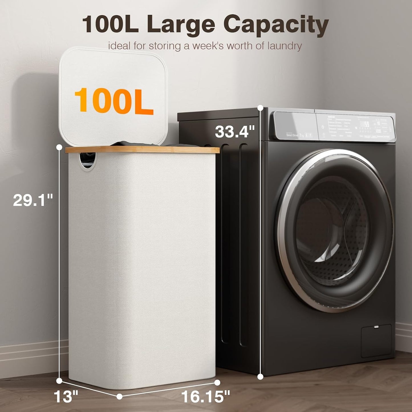 160L Laundry Hamper with Lid, 3 Section Laundry Basket with 3 Removable Bag | Clothes Hampers for Laundry with Bamboo Frame Handle, Large Dirty Clothes Hamper for Laundry Room, Bathroom, Bedroom, Black