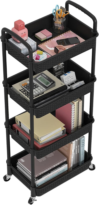 MOYIPIN 3-Tier Plastic Rolling Utility Cart with Handle,Utility Storage Cart for Office, Living Room, Kitchen,Movable Storage Organizer Shelves,White
