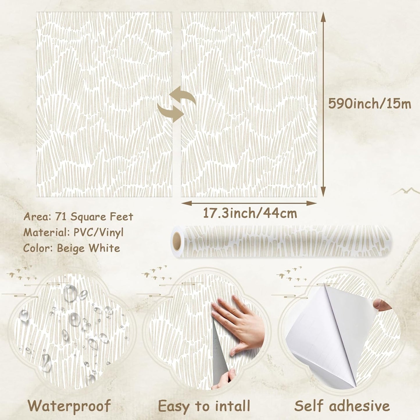 Theper Beige Wallpaper 17.3"×78.8" Modern Striped Peel and Stick Wallpaper Boho Removable Self Adhesive Wall Paper for Bedroom Waterproof White and Gold Contact Paper for Cabinets Vinyl