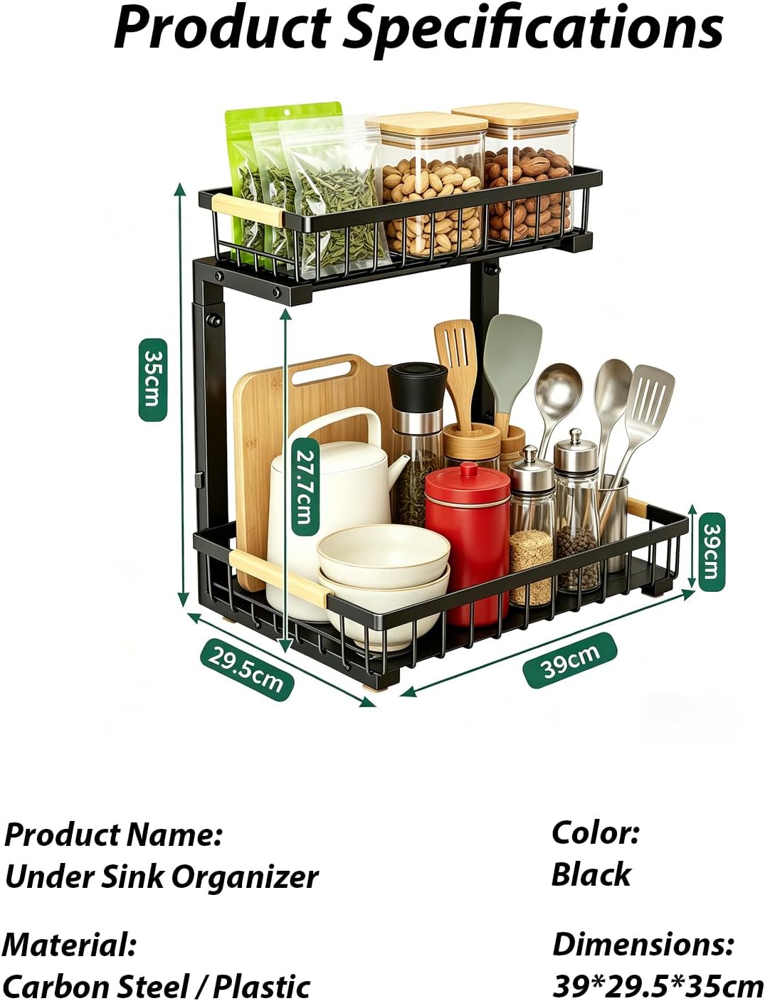 2 Pack Under Sink Organizer, 3-Tier Pull Out Kitchen Cabinet Organizer with 5 Adjustable Heights Metal Slide Out Bathroom Storage Makeup Drawer Rack for Bedroom Office Pantry Home Organization, White